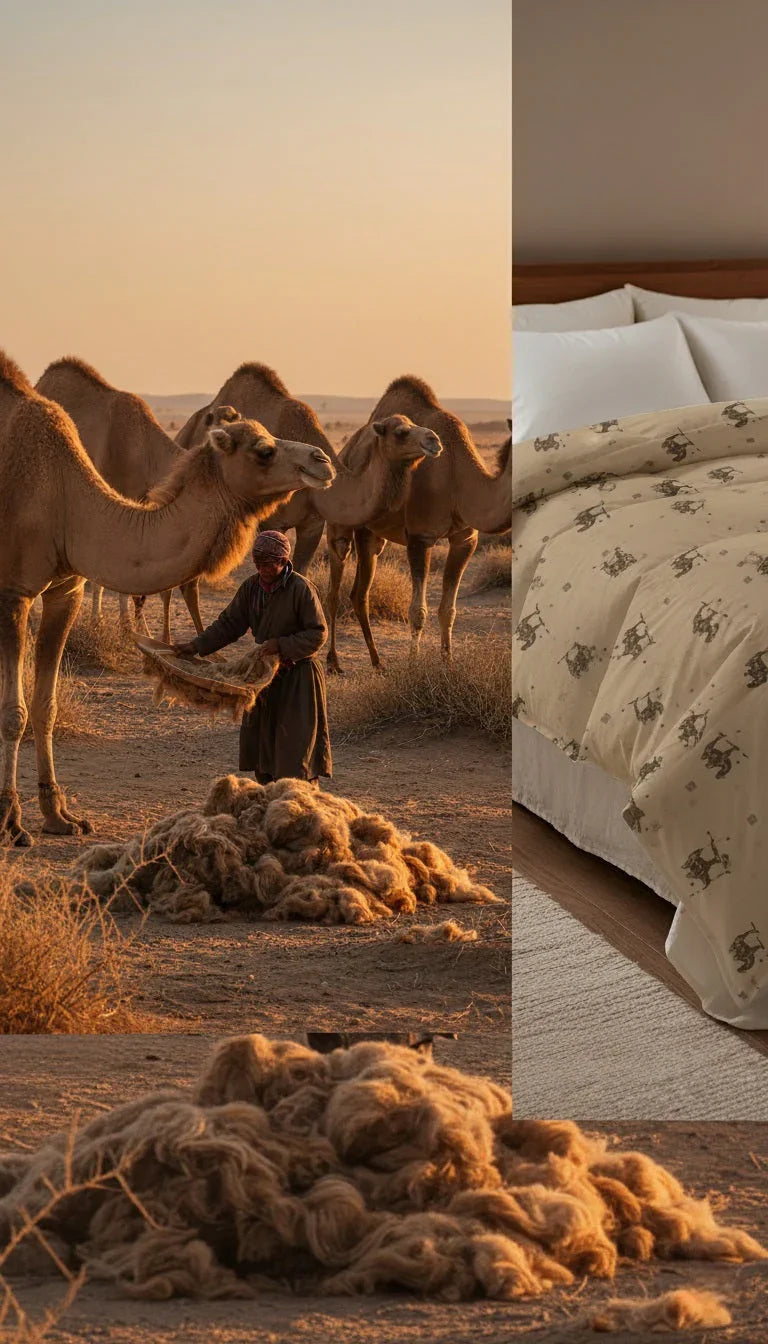 Camels in desert with raw wool, luxury Moja Devica duvet made from 100% camel wool