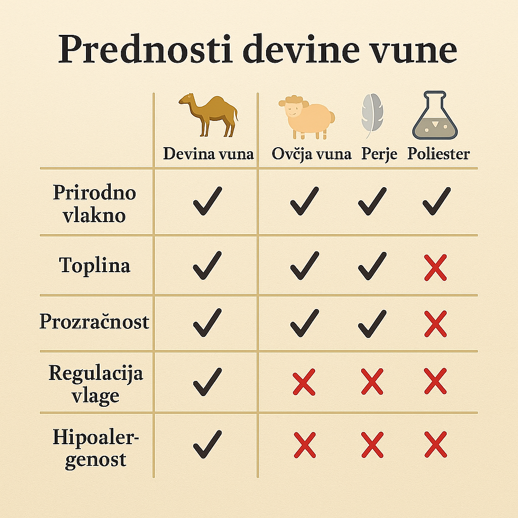 Usporedba materijala u poplunima, devina vuna, ovčja vuna, perje i poliester