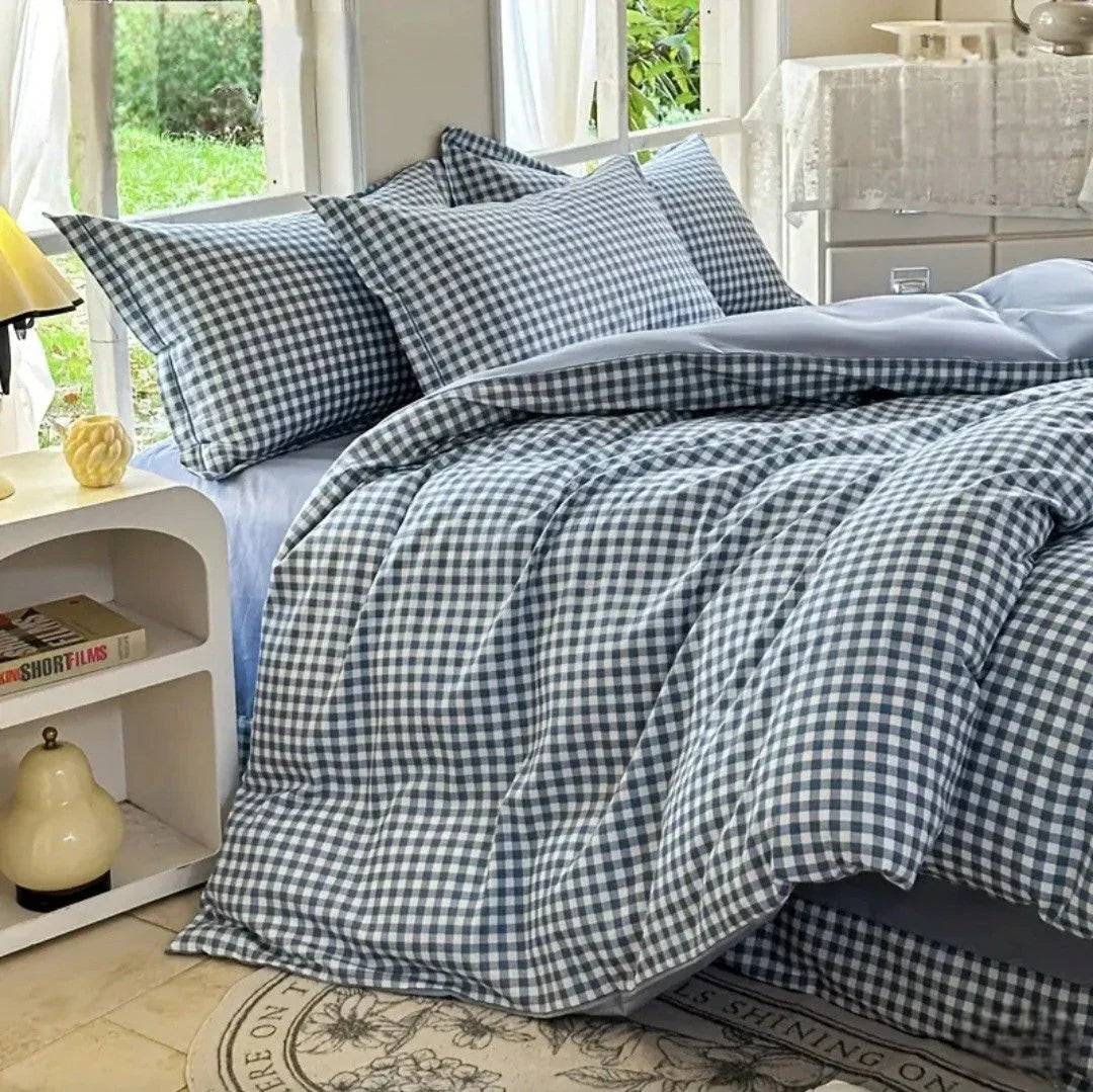 Cozy bedroom with blue gingham 100% wool comforter and pillows by Moja Devica