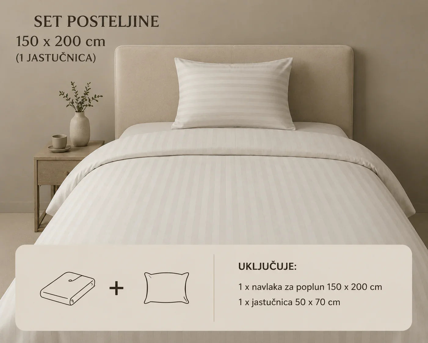 Set bijele pamučne posteljine Srebrni vez dimenzija 150x200 cm s jednom pripadajućom jastučnicom.